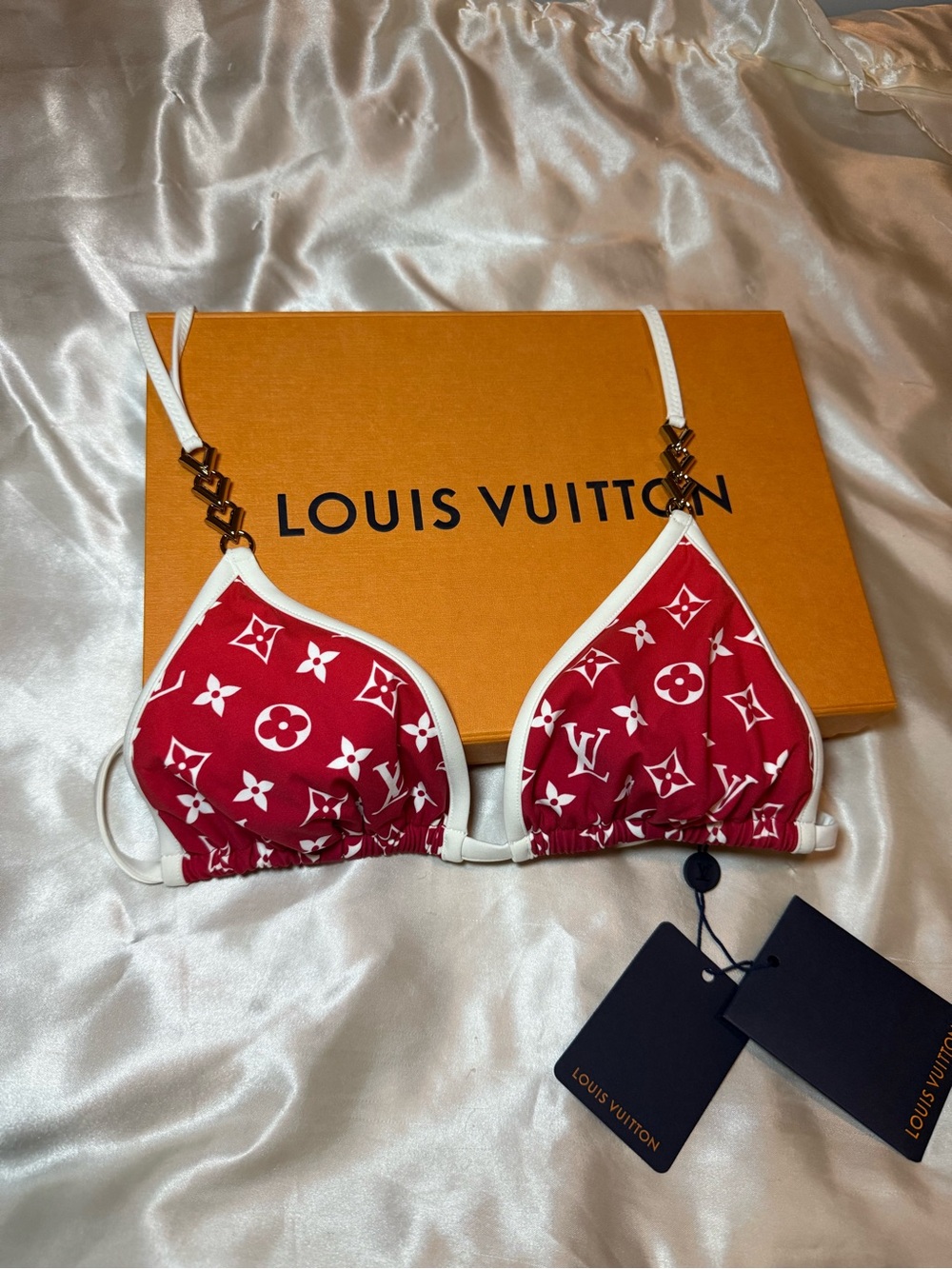 Louis Vuitton Red and White Monogram Triangle Bikini Top with Gold Accent - Picture 1 of 7